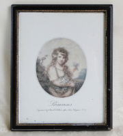 アンティーク＞インテリア＞木製フレーム（額縁）ヴィクトリアン＞絵の題は「桜草」。英国の画家ジョン・ホップナー（1758〜1810年）の作品をもとに、チャールズ・ウィルキン（1750〜1814）年が版画にしたもの・・・・・桜草を摘む少女・・・・・柔らかいほのかなピンク色の空気に包まれたような1枚です。【"Primroses."　Engraved by Charles wilkin after John Hoppner, R.A.】　