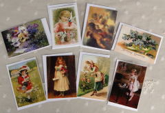 ヴィクトリアン・ステイショナリー＞メッセージ・カード＞パンジー、花かごを持った子供と鳩、天使の戯れ、ヒールに咲く花のお誕生日カード、花と少女・・・・・など、ヴィクトリアンな図柄のメッセージカード。二つ折りで封筒付、名詞ほどの大きさです。