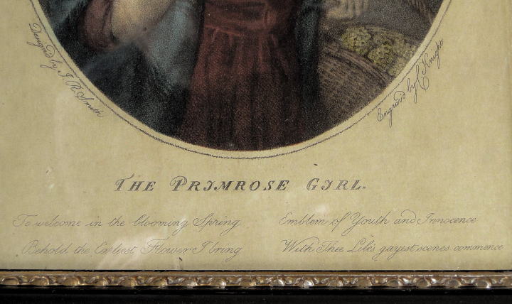 アンティーク雑貨＞アンティーク・フレーム＞プリムローズの少女　THE PRIMROSE GIRL＞Design'd by T.R.Smith / Engraved by C.Knight＞浮世絵風に言うと、絵師が『T.R.スミス』、彫り師が『C.ナイト』ということのようです。
