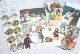 ヴィクトリアン雑貨＞ステイショナリー＞ステッカーと封筒付きカード＞クリスマスの季節に・・・『雪だるま（snowman）と子供たち』のステッカーと封筒付きカード。＞ヴィクトリアン・クリスマスの雰囲気満載です♪